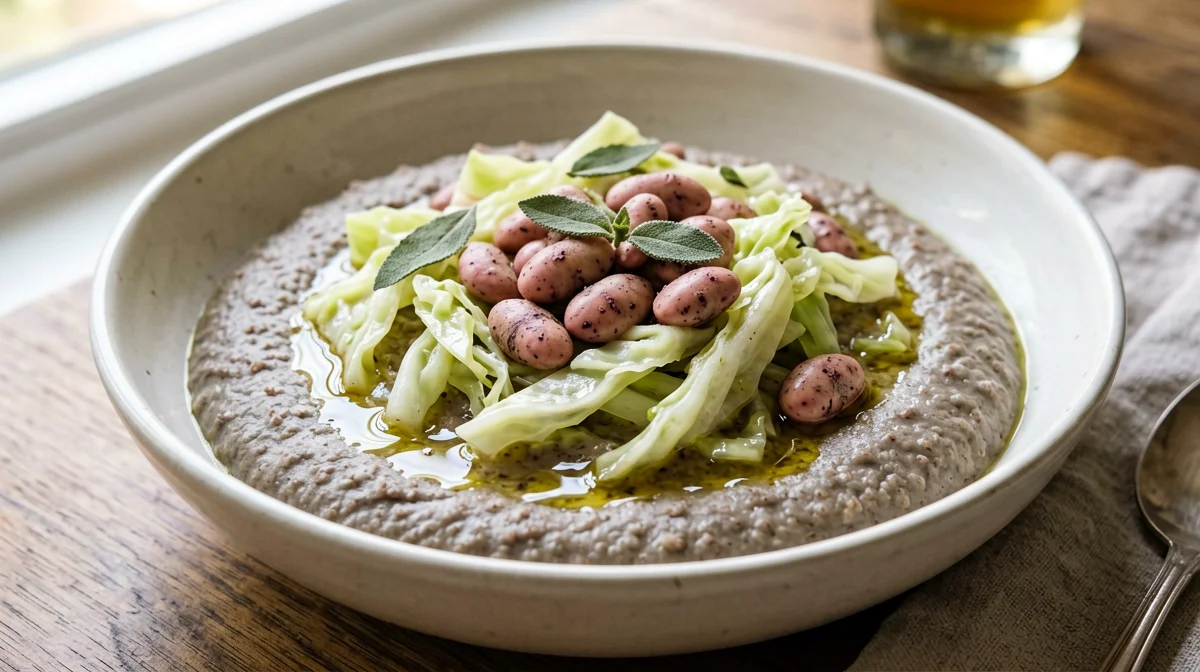 Buckwheat polenta with savoy cabbage and borlotti beans
