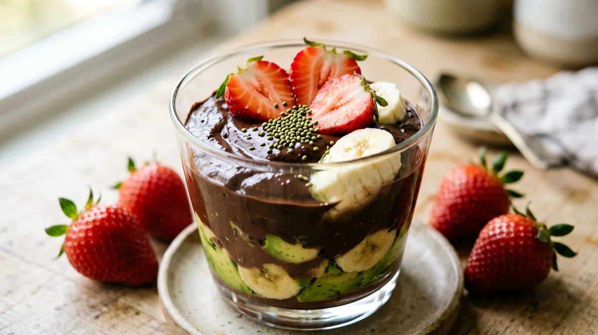 Avocado cocoa mousse with strawberries