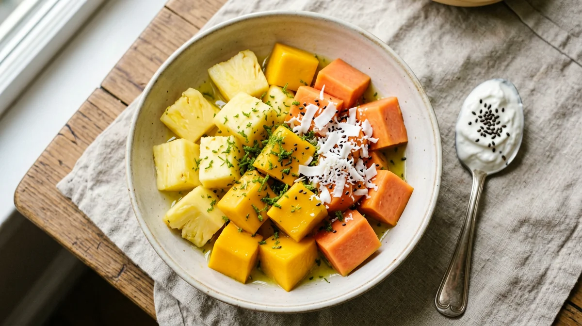 Insalata di frutta tropicale con lime, cocco e semi di canapa