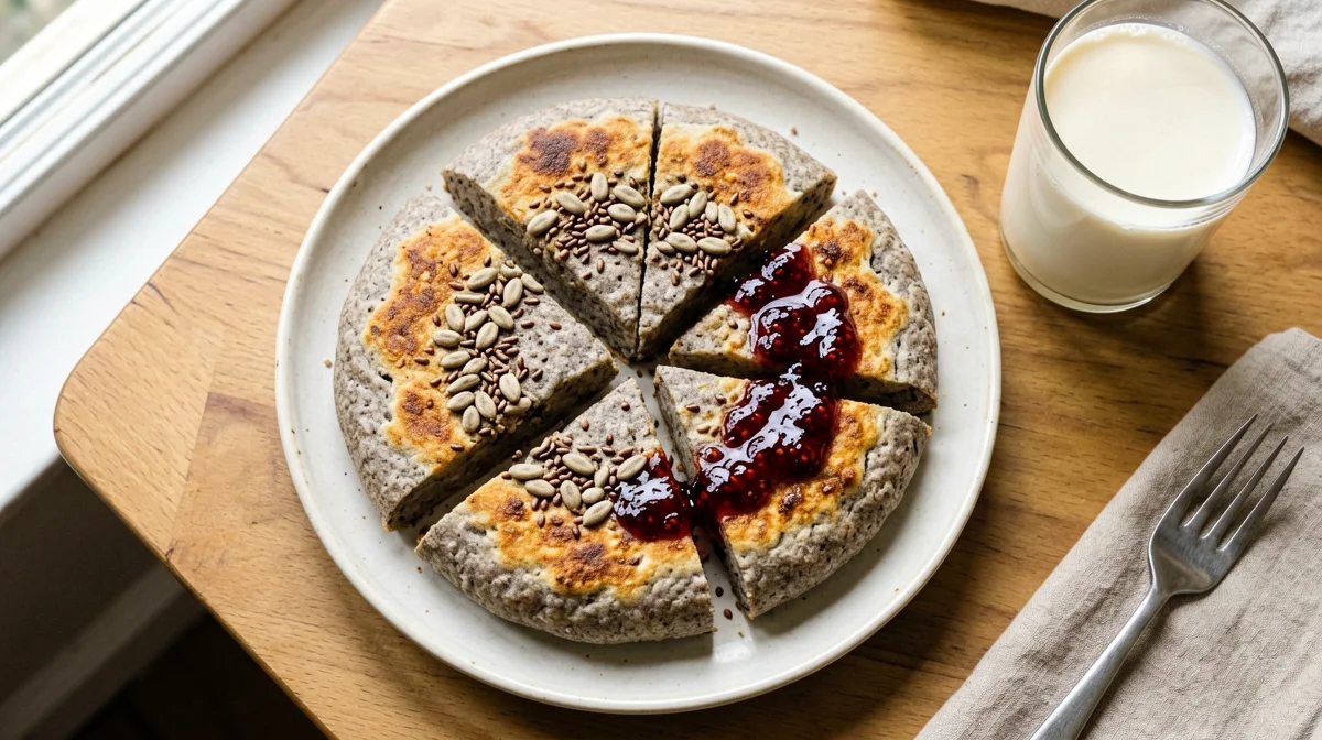 Pan-cooked buckwheat seed bread with jam
