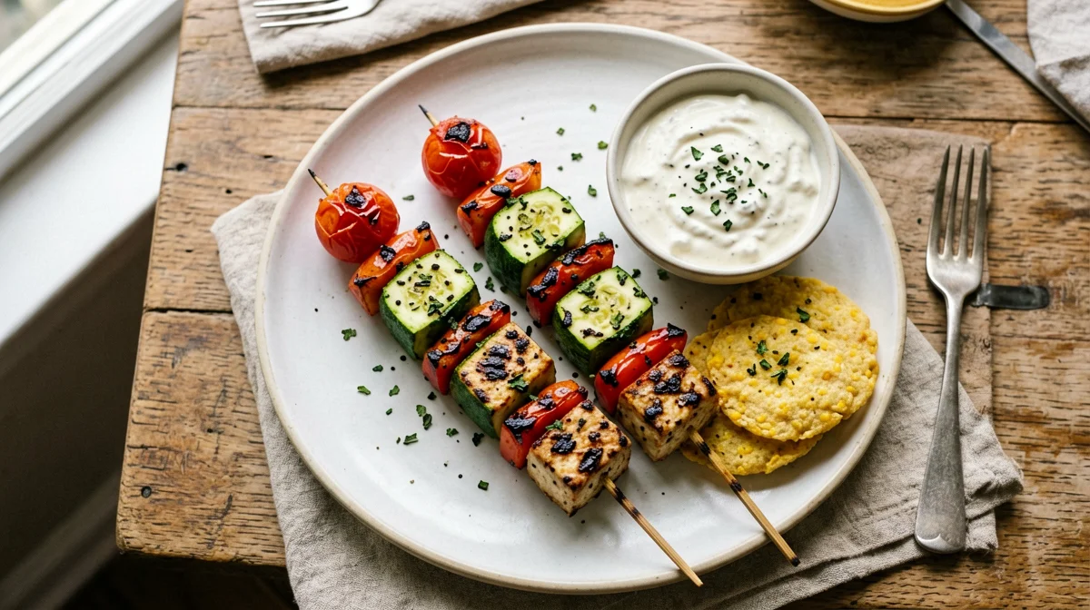 Spiedini di tofu e verdure grigliate con salsa allo yogurt di soia