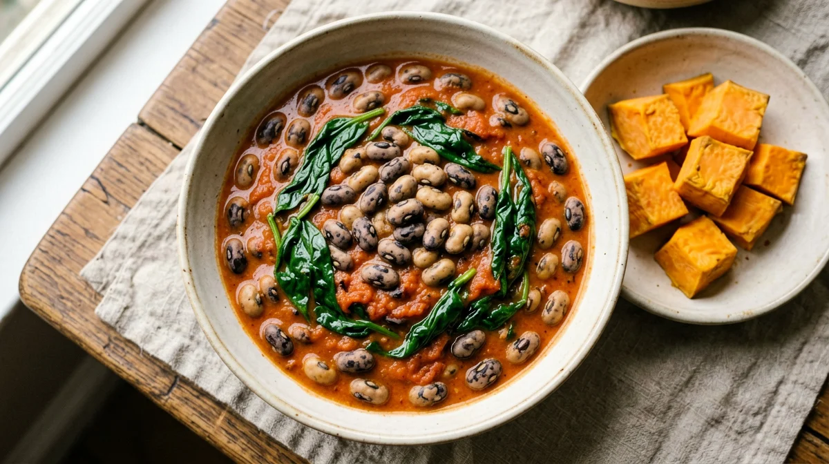 Black-eyed beans with tomato, spinach and sweet potato