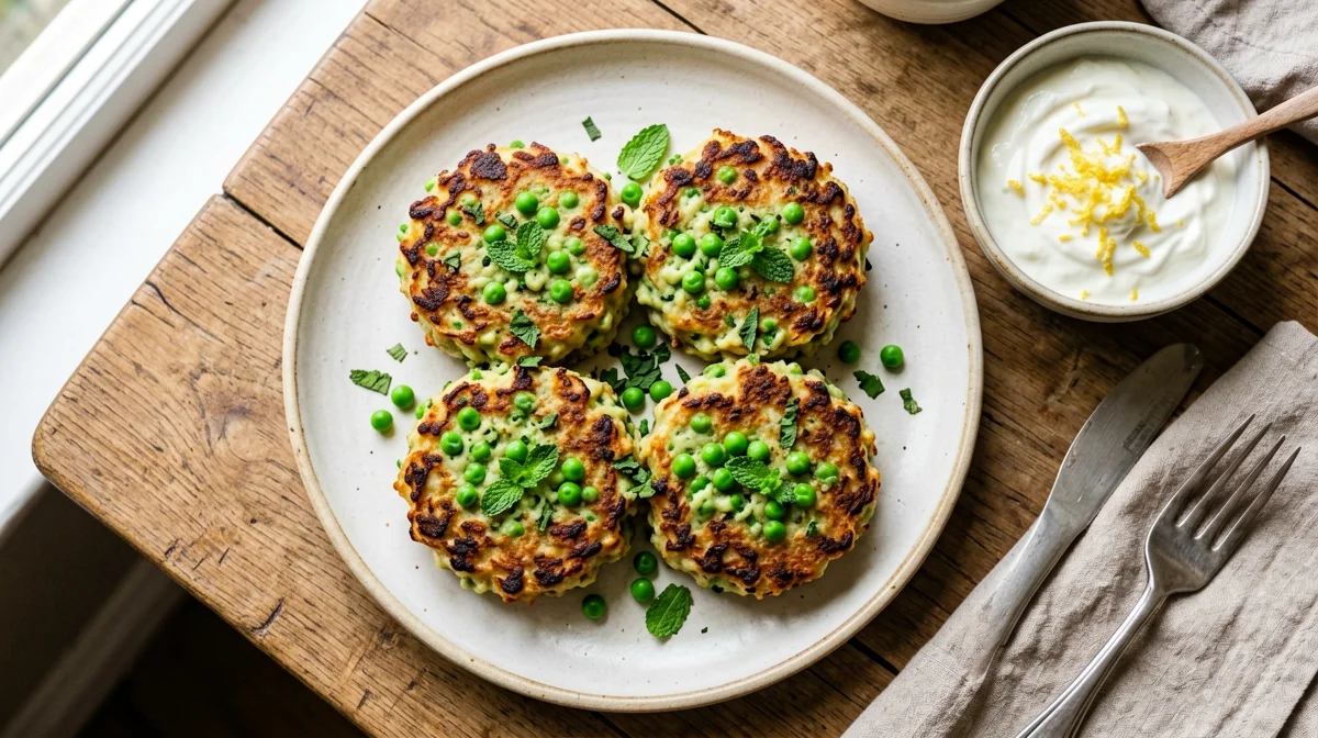 Pea and mint fritters with lemony soy yogurt