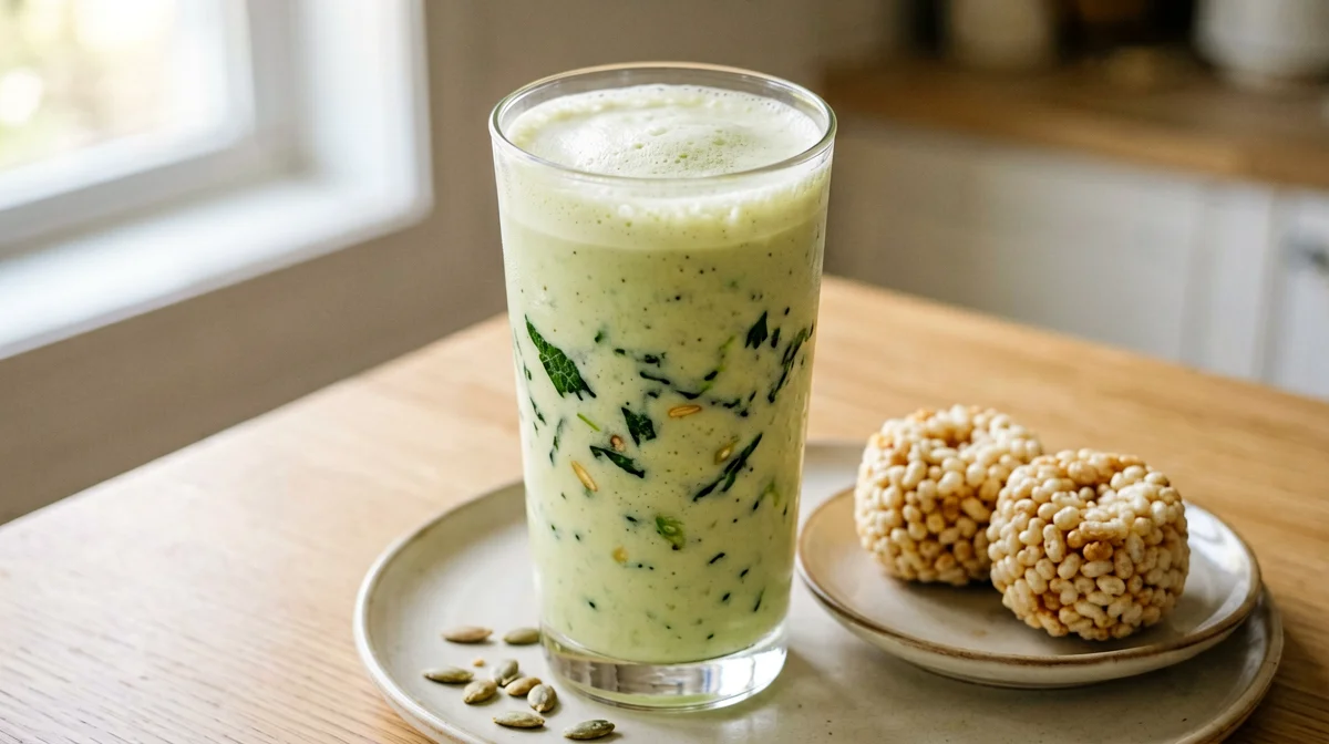 Soy, pear and spinach smoothie with pumpkin seeds