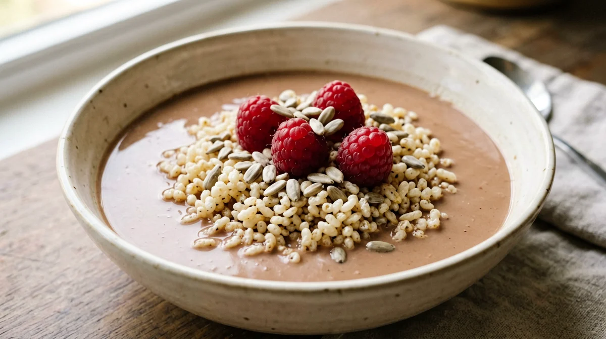 Riso soffiato al cacao con bevanda di riso e lamponi
