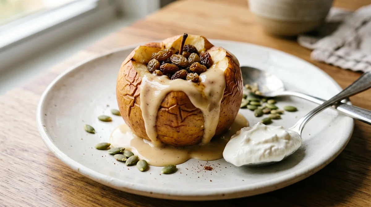Parchment-baked apple with tahini and raisins
