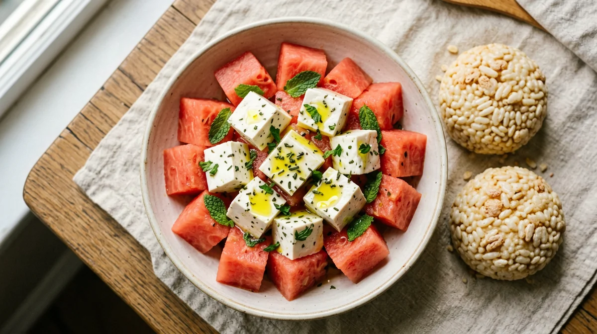 Feta-style marinated tofu with watermelon and mint