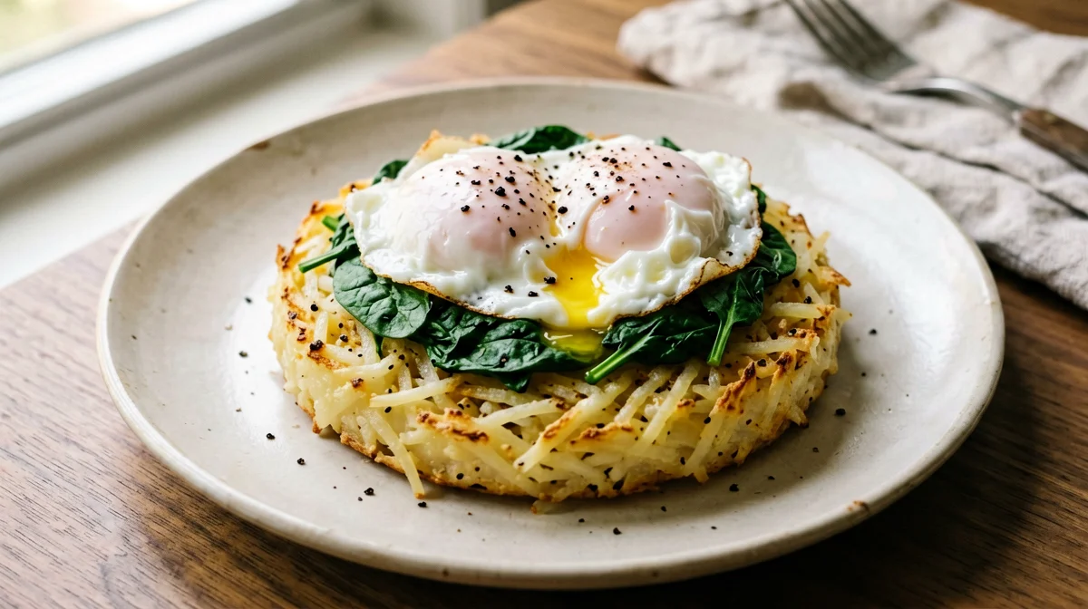 Poached eggs on potato rösti with spinach