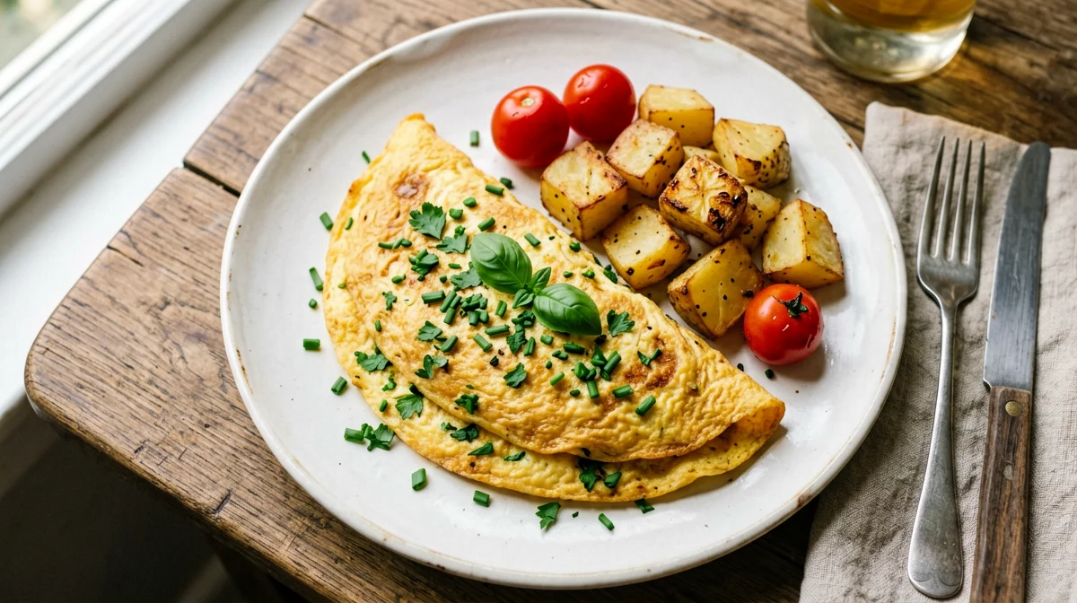 Herb omelette with cherry tomatoes and roast potatoes