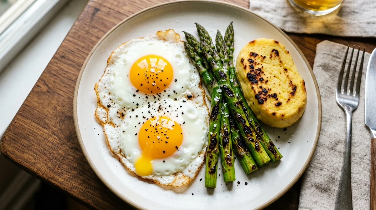 Fried eggs with asparagus and grilled polenta