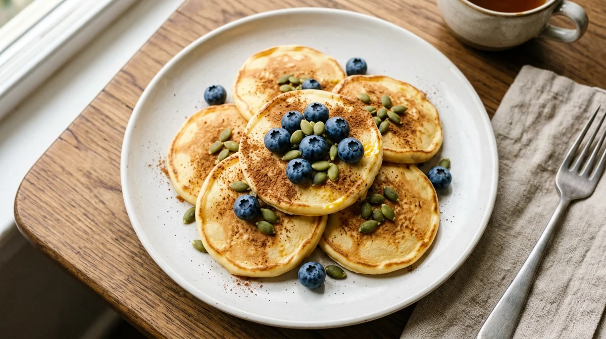 Banana and egg pancakes with blueberries and pumpkin seeds