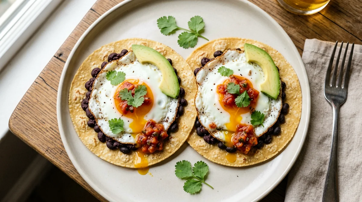 Huevos rancheros con tortillas di mais e fagioli neri
