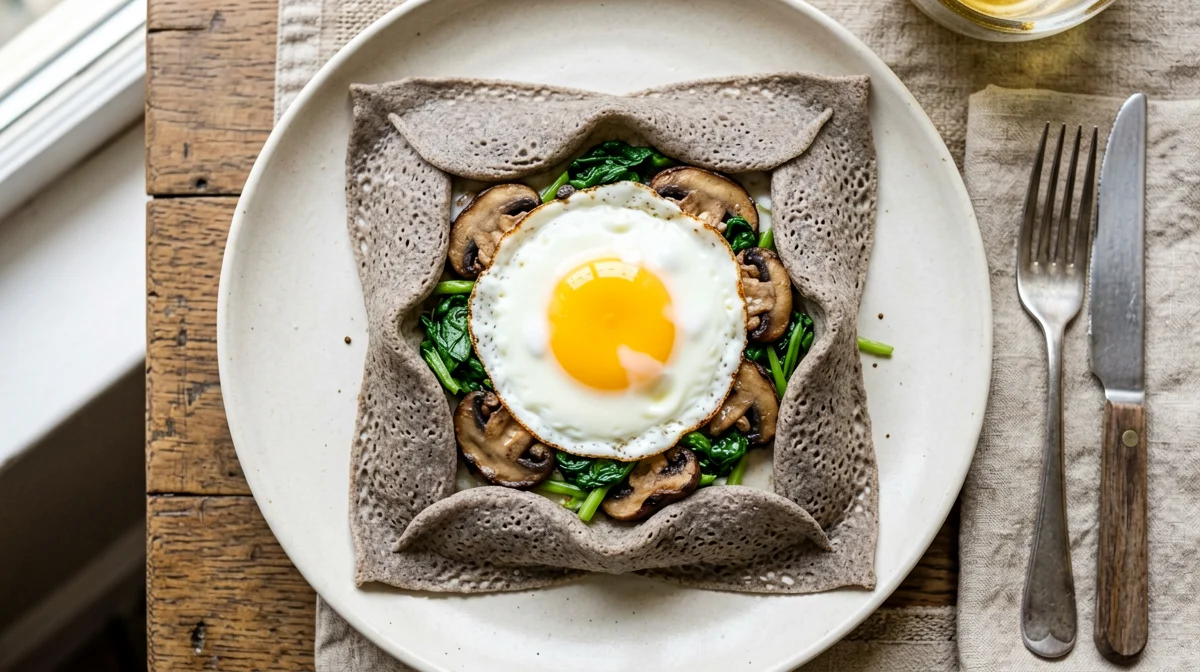 Galette di grano saraceno con uovo e spinaci