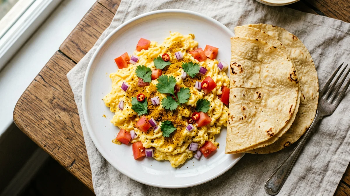 Egg bhurji: uova strapazzate al garam masala con tortillas di mais