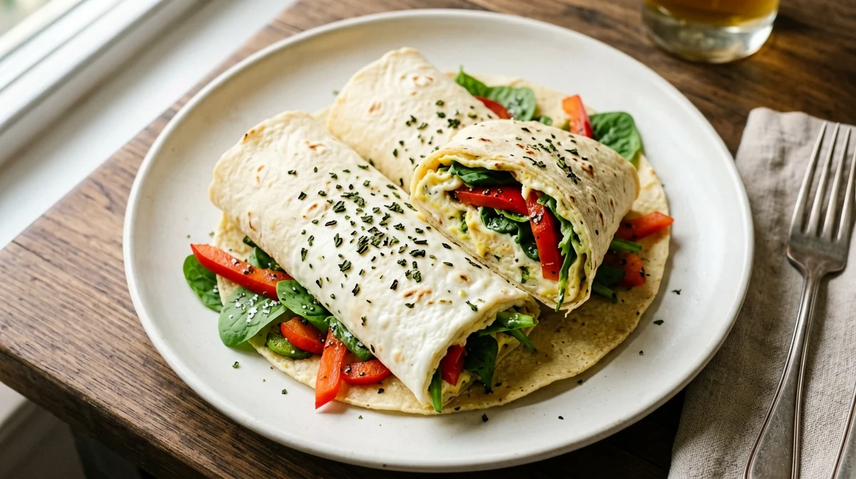 Wrap di mais con frittatina di albumi, peperoni e rucola