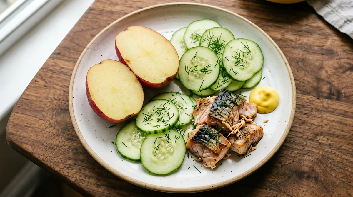Nordic breakfast with mackerel, new potatoes and cucumber