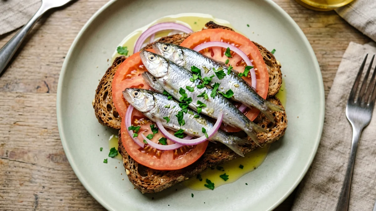 Rye bread with sardines, tomato and red onion