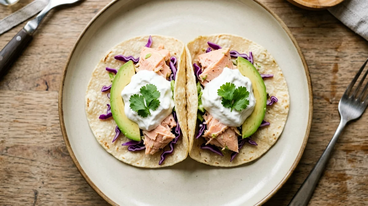 Corn tortillas with canned salmon and avocado