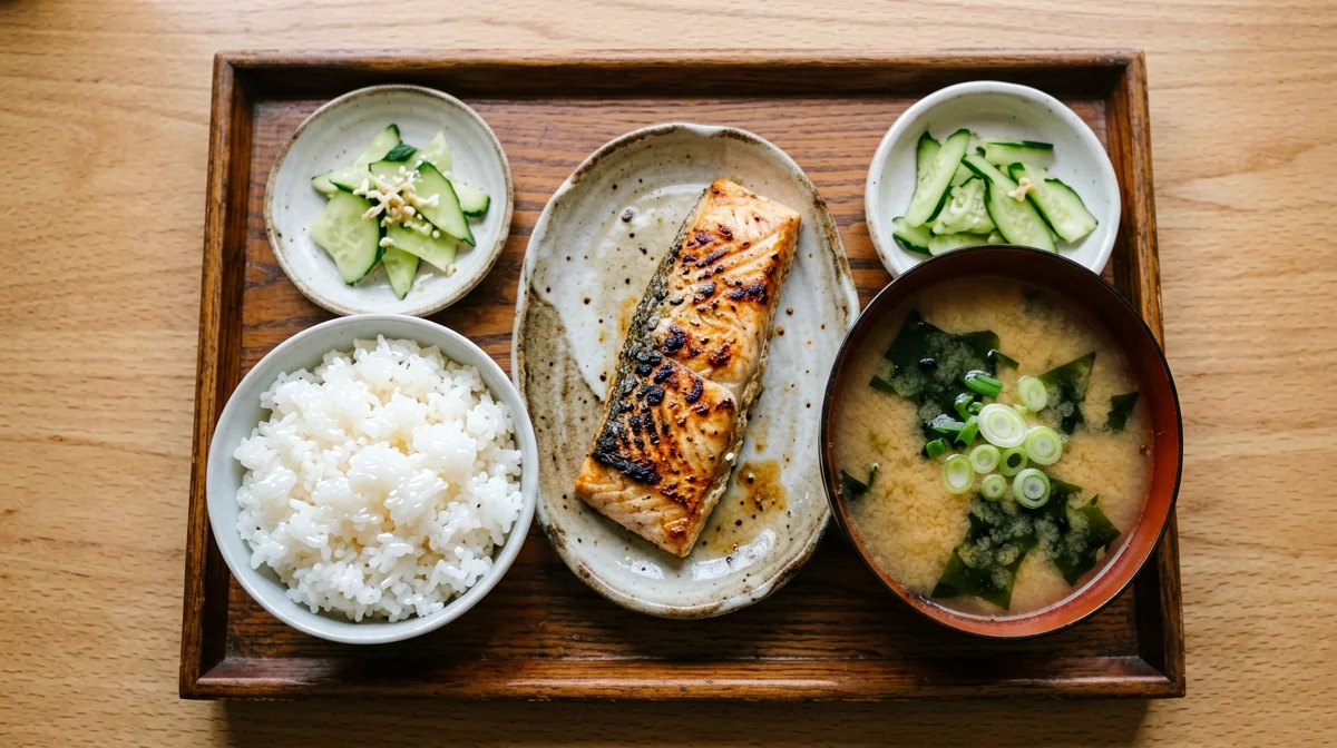 Colazione giapponese con salmone grigliato, riso e miso