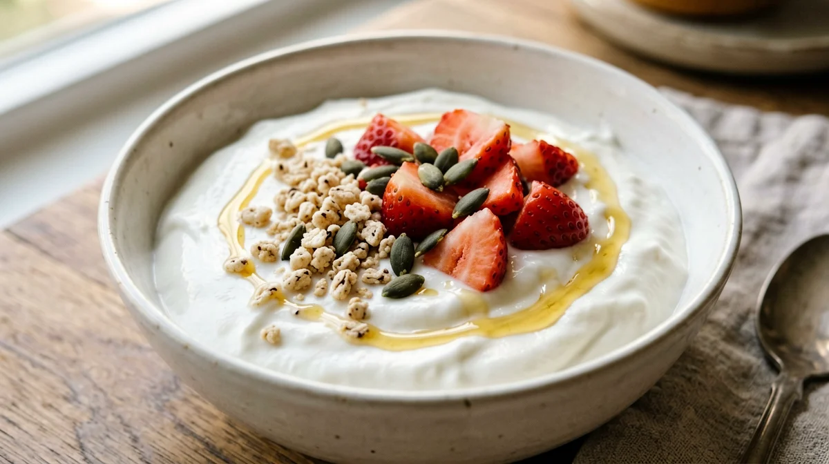 Greek yogurt with strawberries, pumpkin seeds and honey