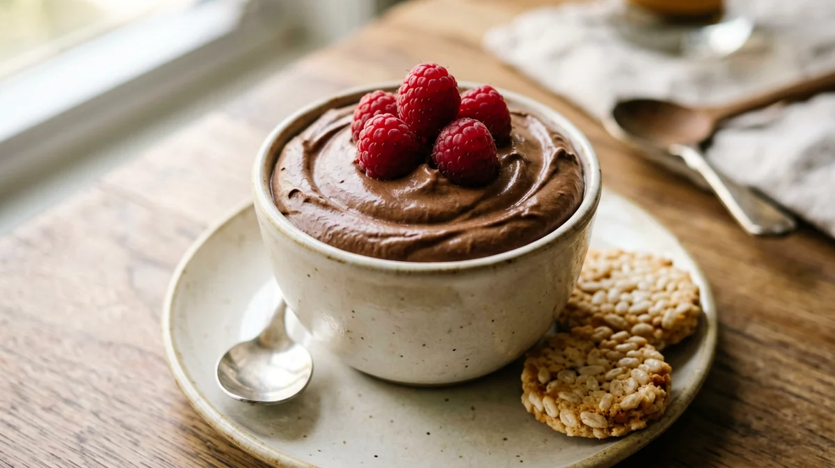 Light ricotta cocoa cream with raspberries