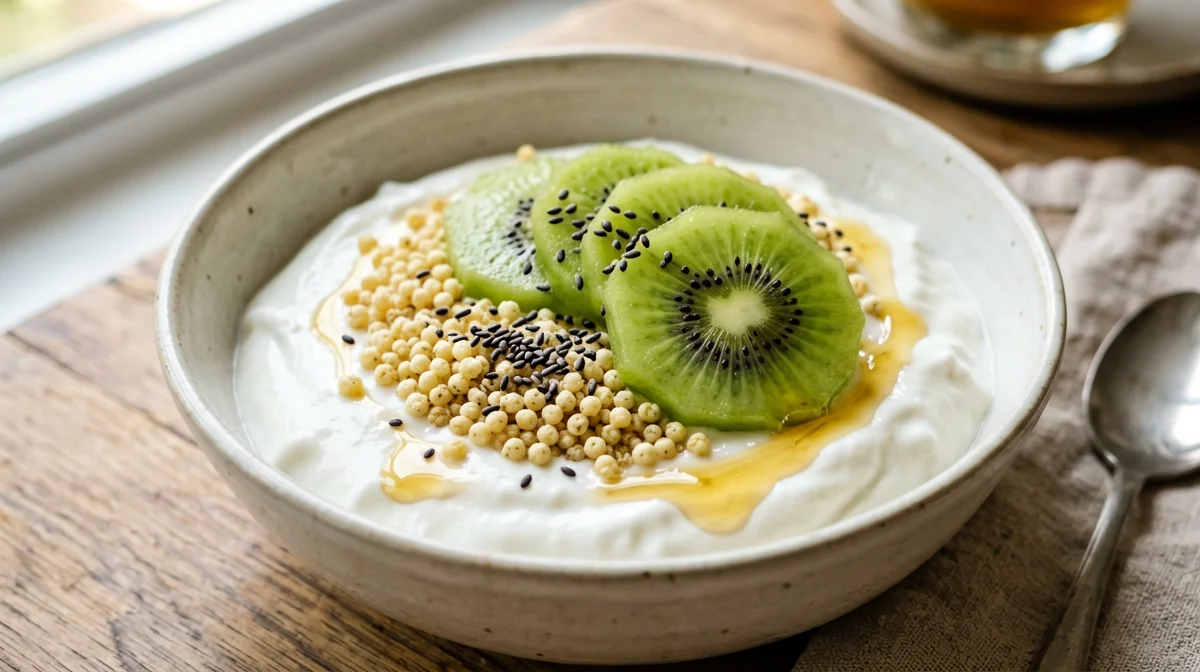 Greek yogurt with puffed millet, kiwi and honey
