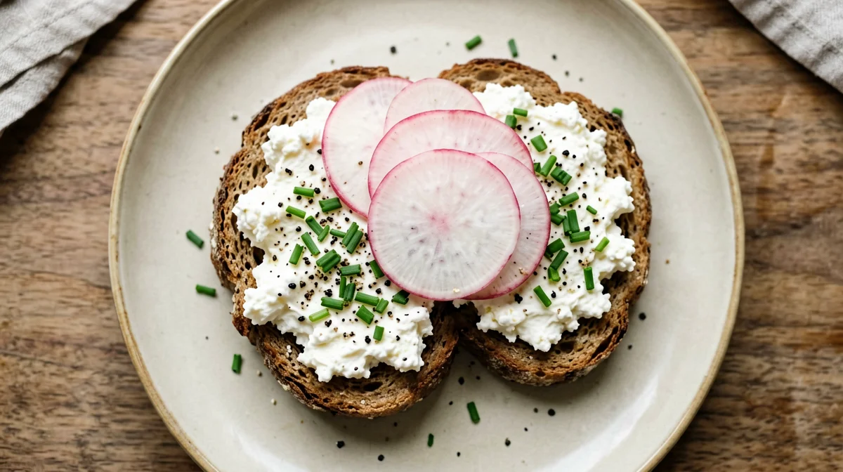 Rye bread with cottage cheese, radishes and chives