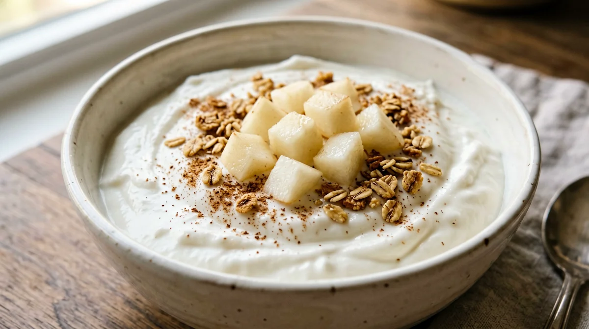 Yogurt greco intero con granola, pera e cannella