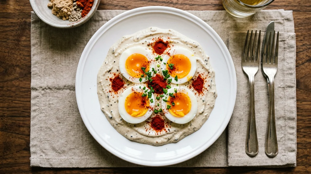 Çılbır: poached eggs on garlic yogurt with paprika