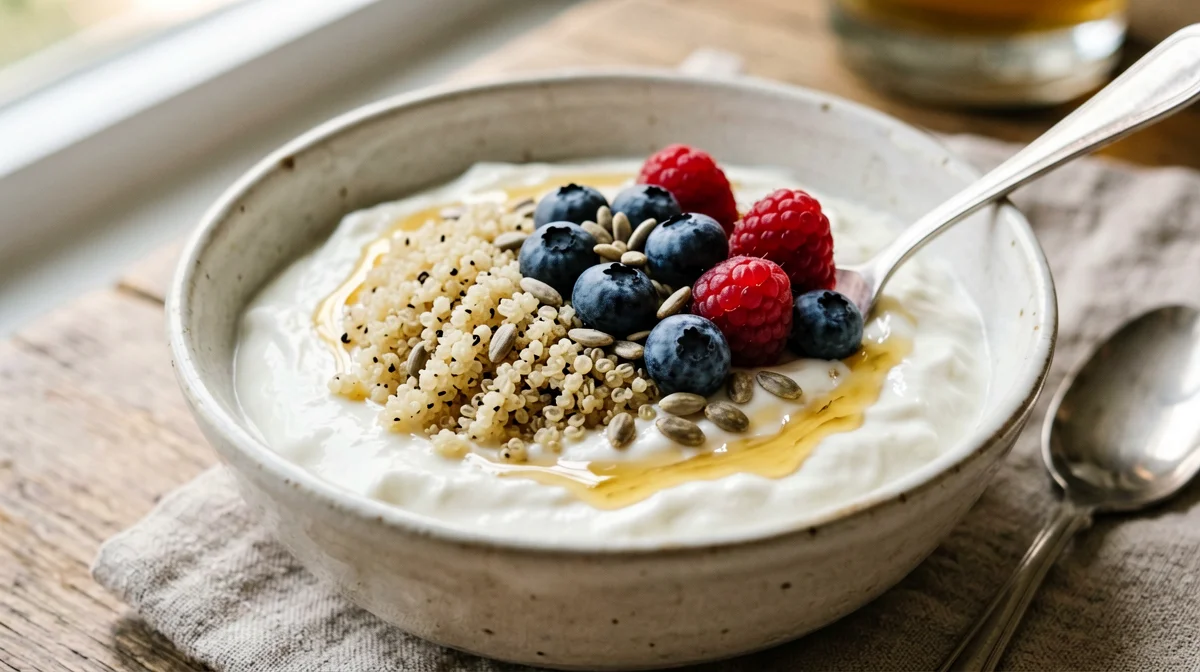 Bowl di yogurt greco, quinoa e frutti di bosco