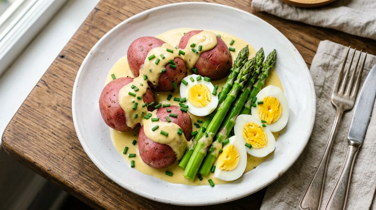 Boiled eggs with new potatoes, asparagus and mustard