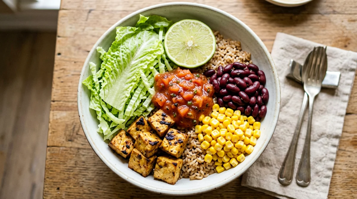 Breakfast burrito bowl with smoked tofu, corn and beans