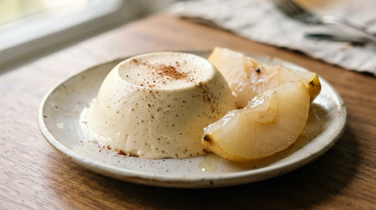 Cinnamon soy panna cotta with poached pear