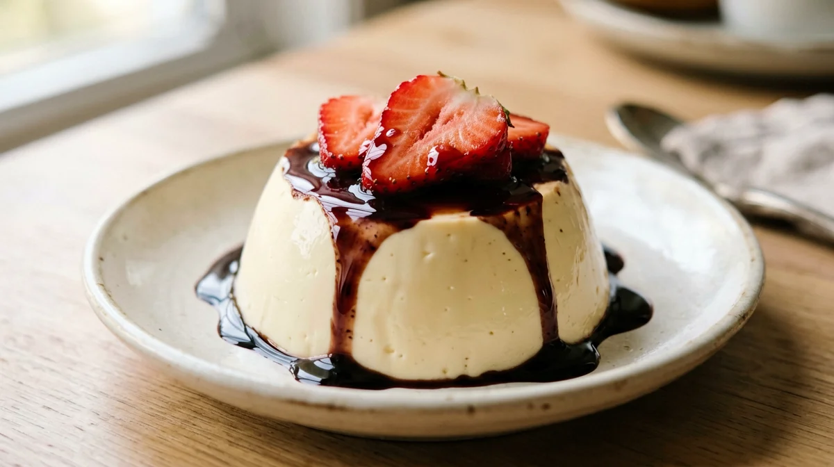 Basil panna cotta with balsamic strawberries