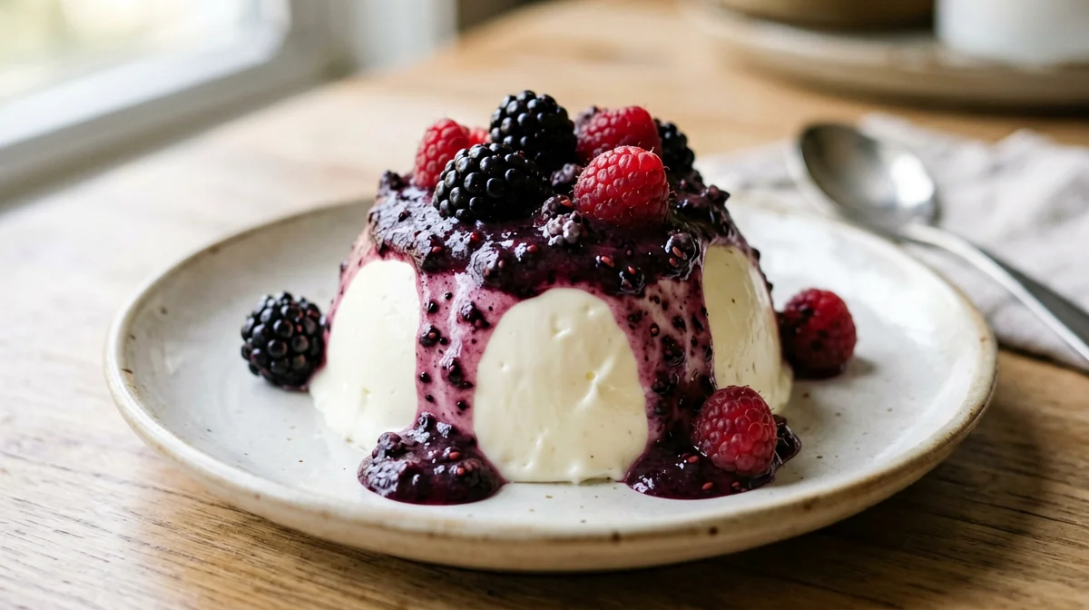 Lactose-free panna cotta with blackberry and raspberry coulis