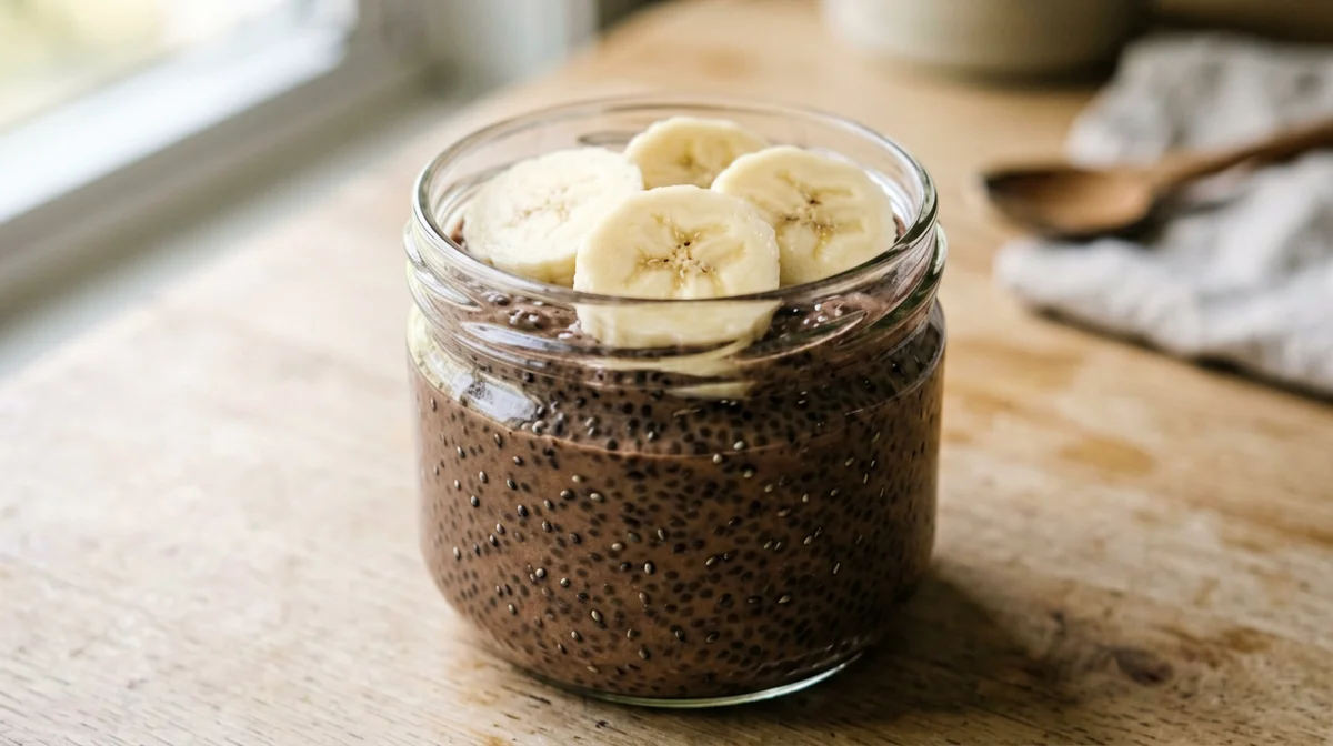 Evening chocolate chia pudding with banana slices