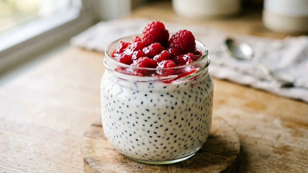 Greek yogurt chia pudding with raspberries