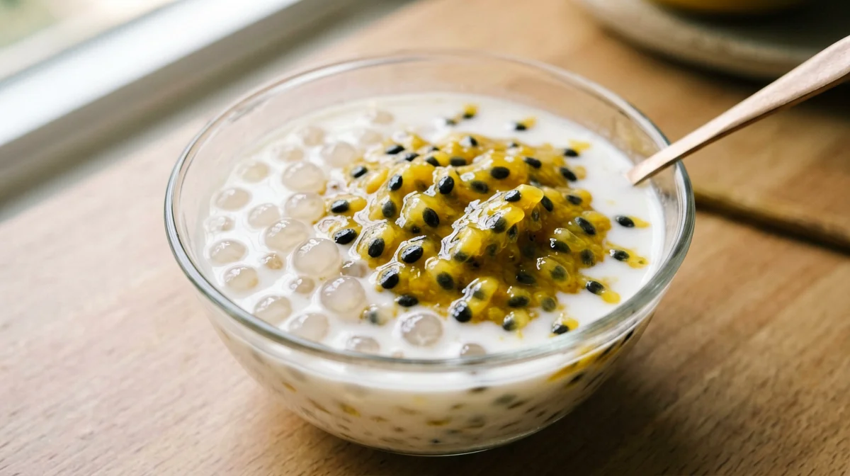 Tapioca pearls in coconut cream with passion fruit