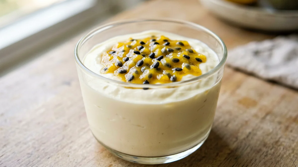 White chocolate yogurt mousse with passion fruit