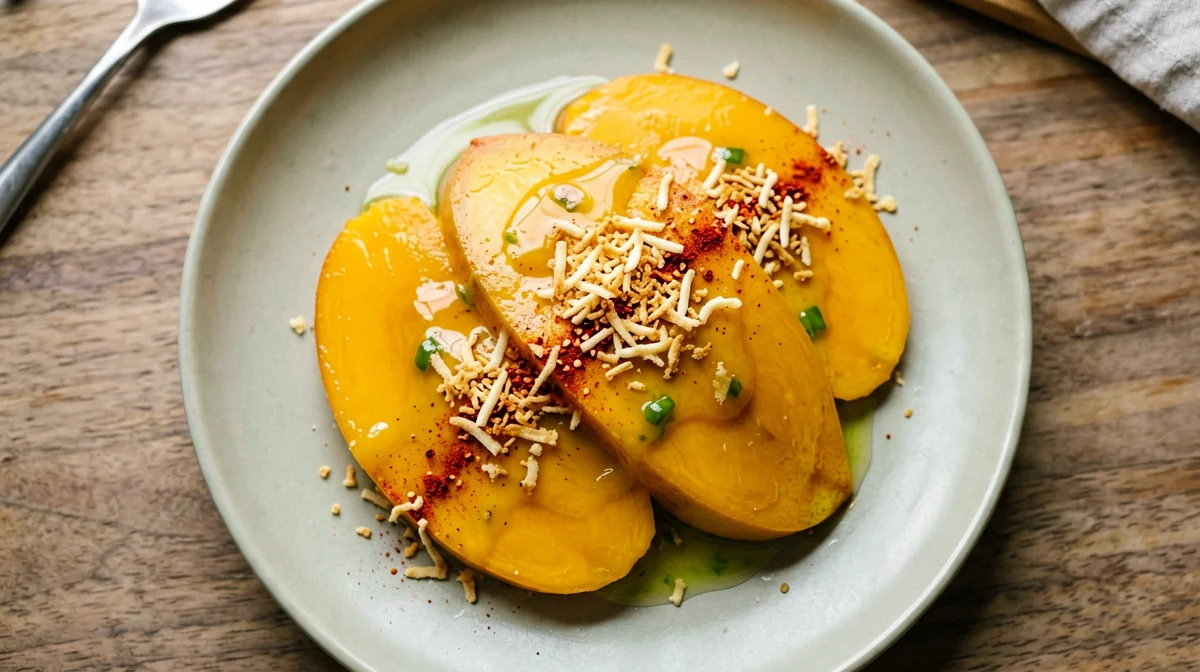 Mango carpaccio with lime and toasted coconut