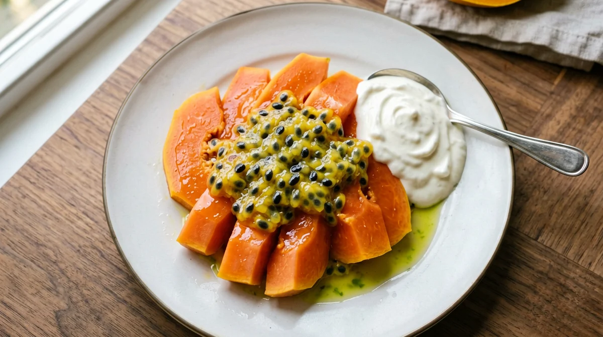 Papaya carpaccio with passion fruit