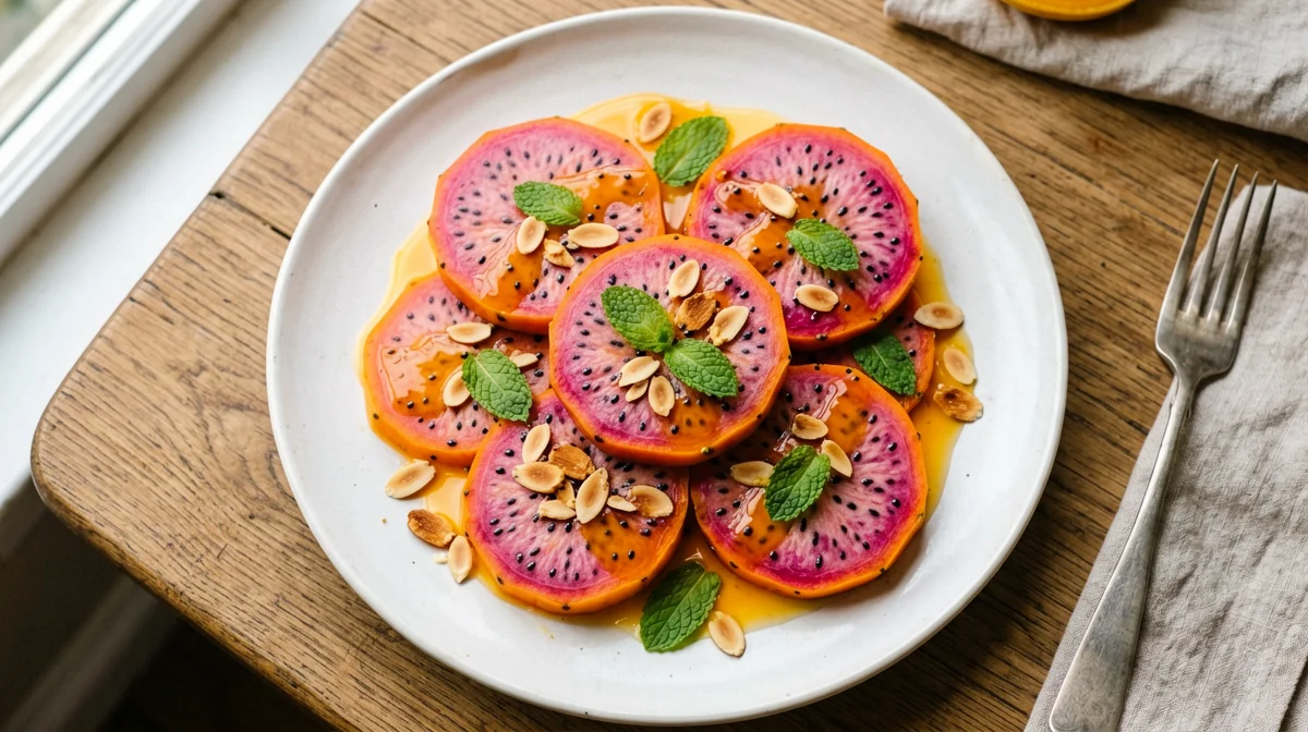 Prickly pear carpaccio with orange and almonds