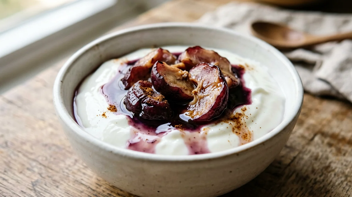 Cinnamon stewed plums with yogurt