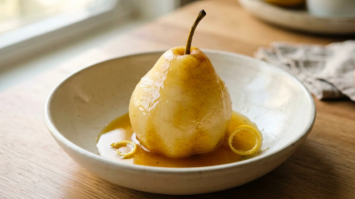 Saffron and vanilla poached pear