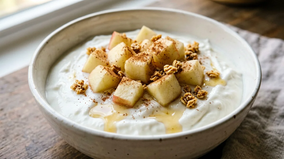 Microwave baked apple with yogurt and granola
