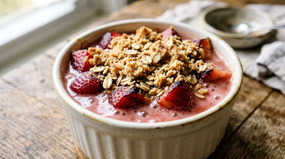 Baked rhubarb and strawberries with oat crumble