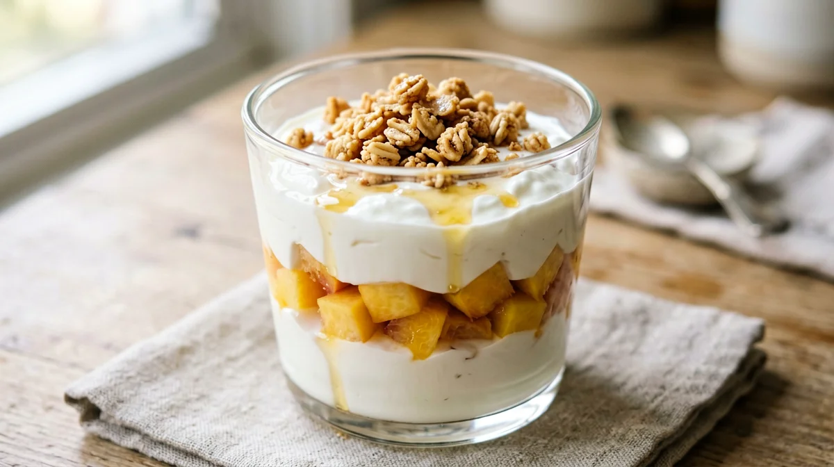 Parfait di yogurt greco con pesche e granola
