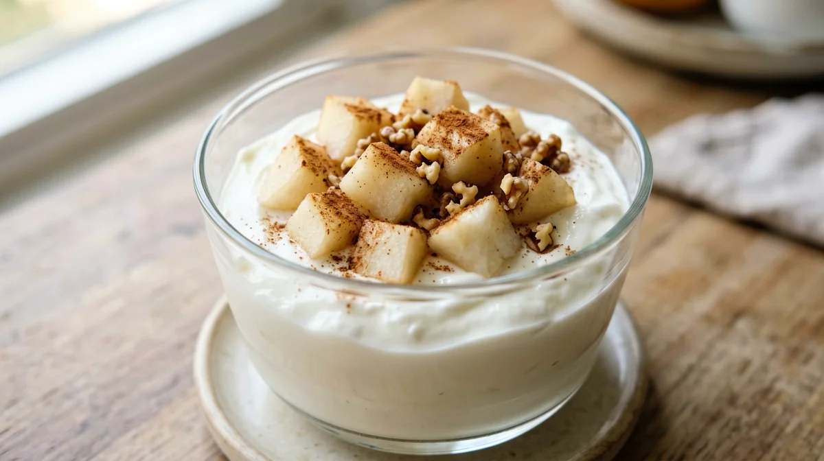 Ricotta and yogurt cup with cinnamon pear