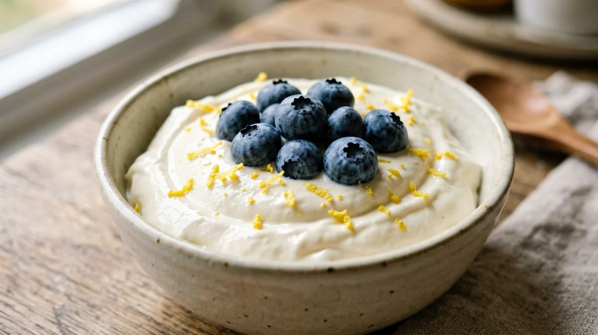 Vegan lemon silken tofu cream with blueberries