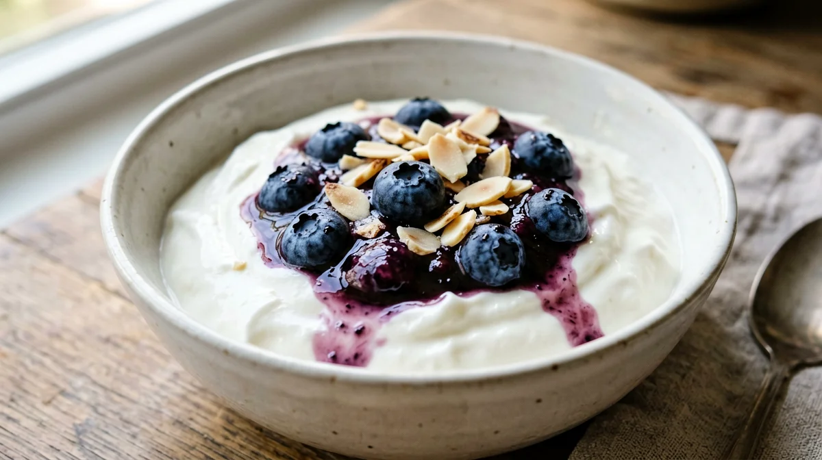 Yogurt greco con composta calda di mirtilli e mandorle
